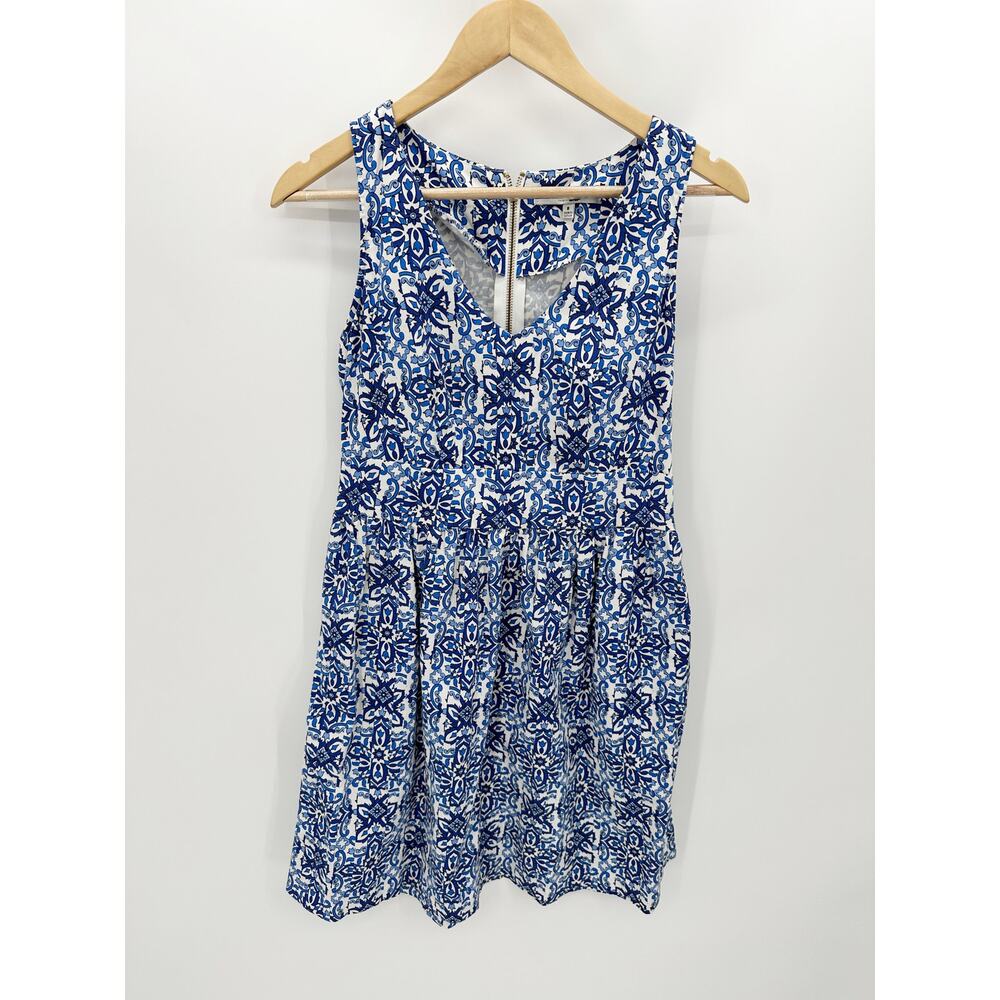 Milly Dress Women 8 Blue White Paisley Print‎ V-Neck Sleeveless Back Zip Mini